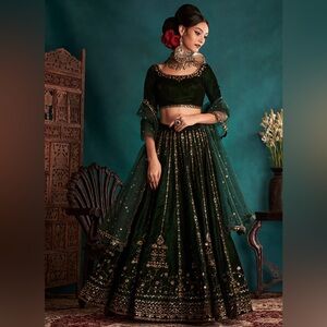 Lashkaraa Bottle Green Embroidered Velvet Lehenga, Blouse XS NWT